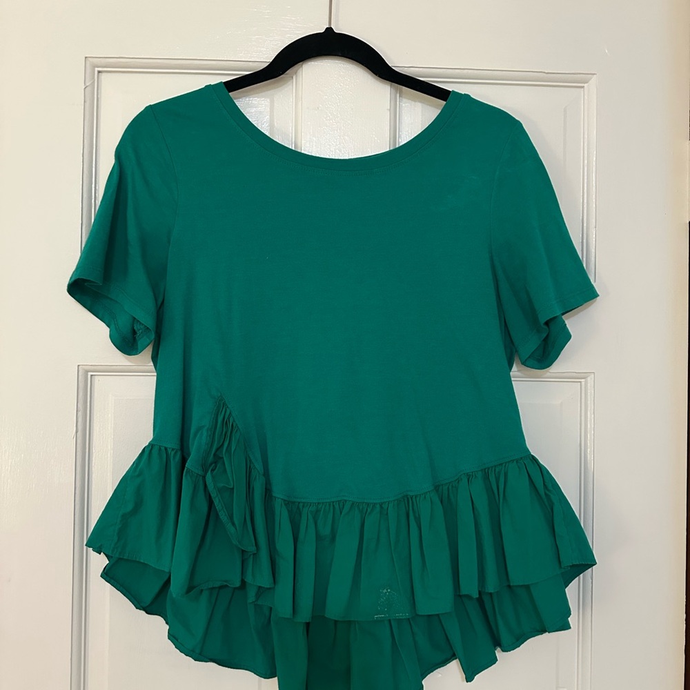 Anthropologie Teal Ruffle Short Sleeve Top